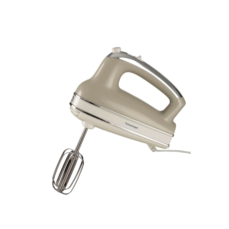 Beige hand mixer on a white background