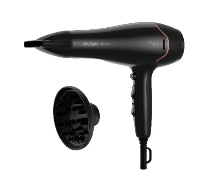 Black hair dryer with detachable nozzle on a white background