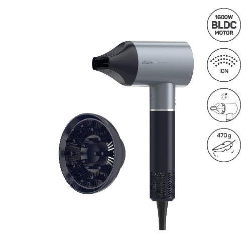 Hair dryer with attachments on a white background