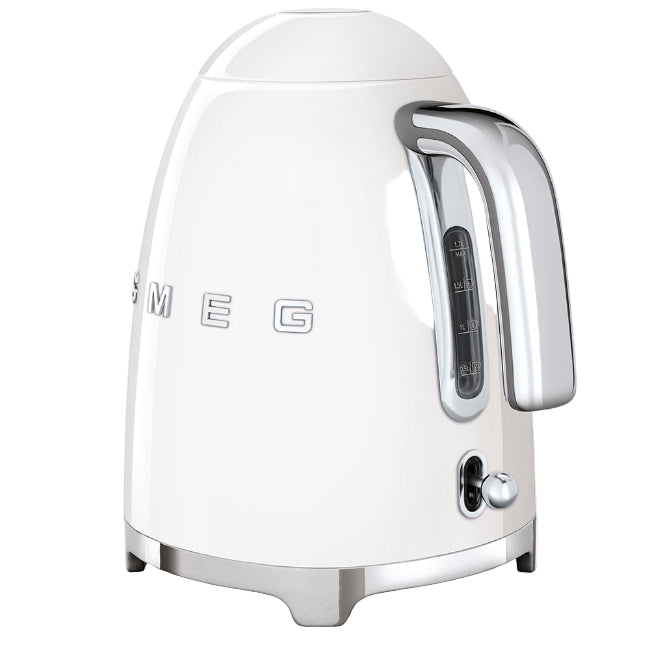 White electric kettle with chrome accents on a white background