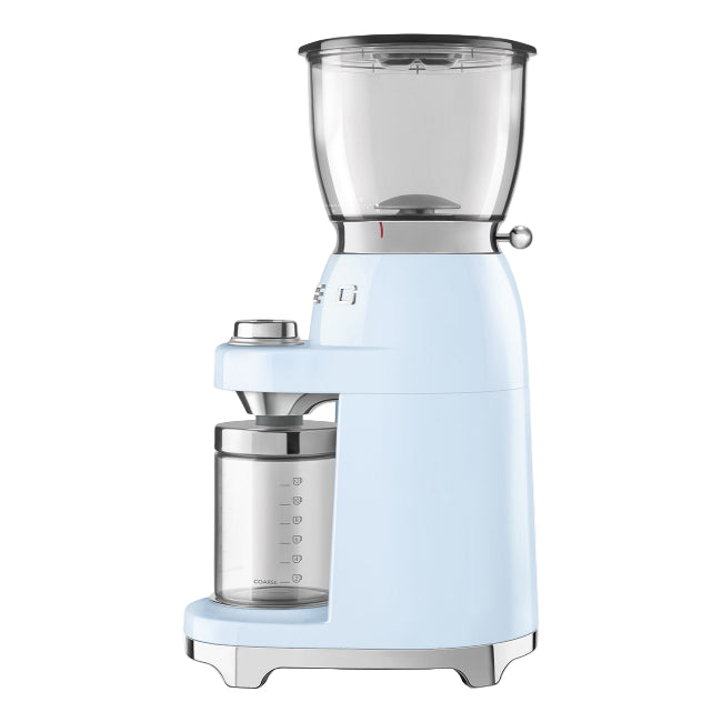 Light blue coffee grinder on a white background