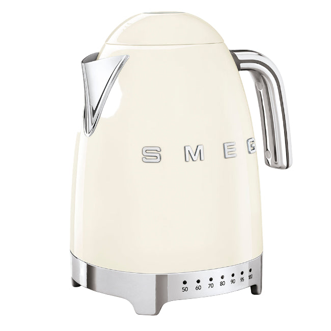 Cream-colored electric kettle with 'Smeg' branding on a white background