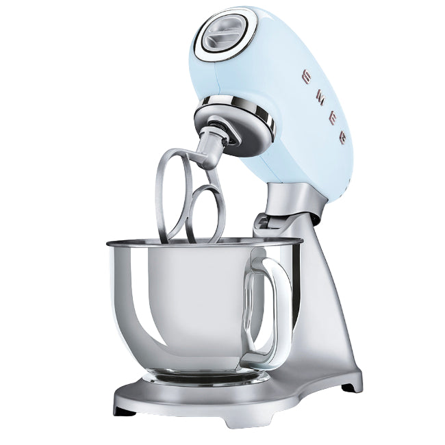 Vintage-style stand mixer with light blue head on a white background
