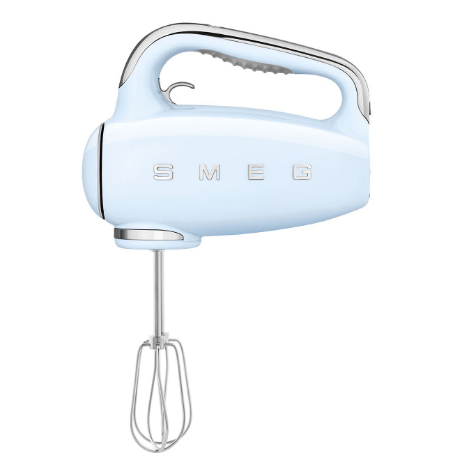 Light blue hand mixer with chrome accents on a white background