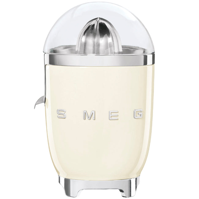 Cream-colored citrus juicer with silver top on a white background, featuring the SMEG logo.