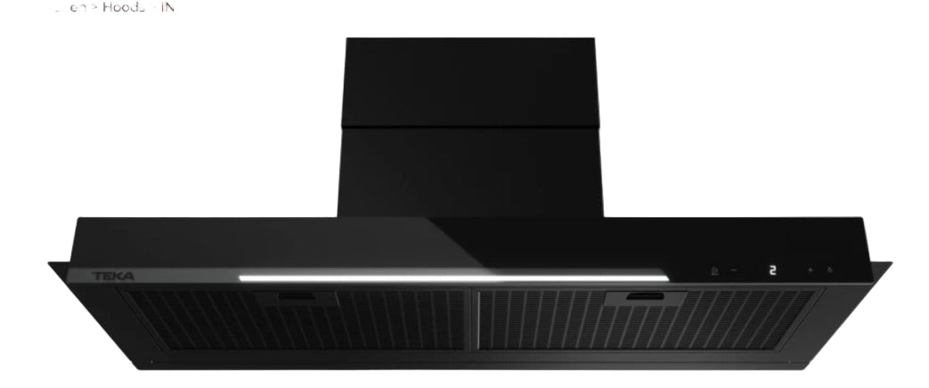 Black range hood with visible brand logo on a white background