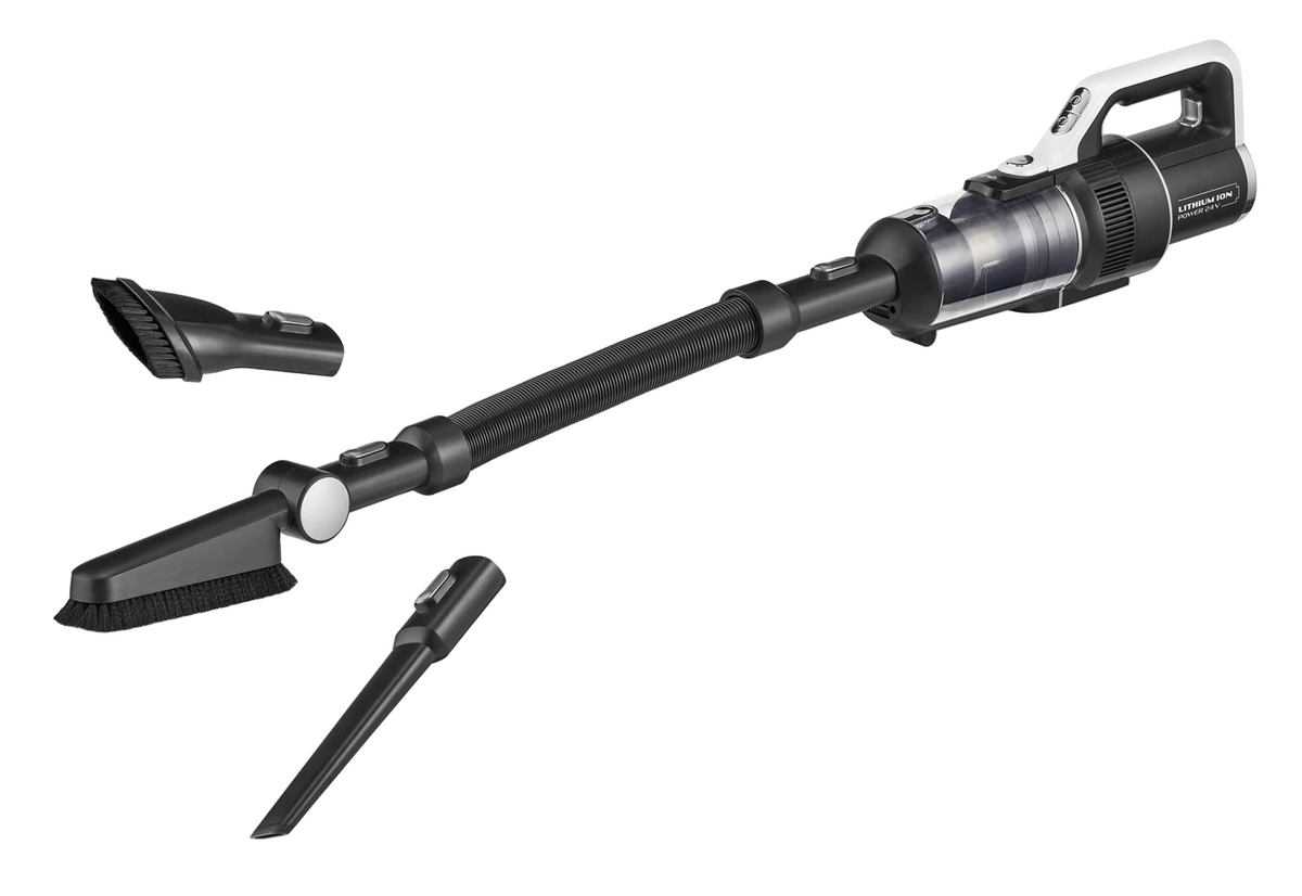 Black handheld vacuum cleaner with attachments on a white background