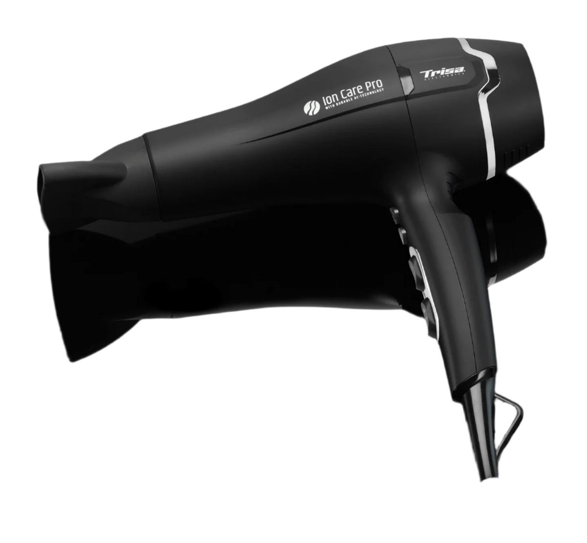 Black hair dryer with 'Trisa' branding on a dark background