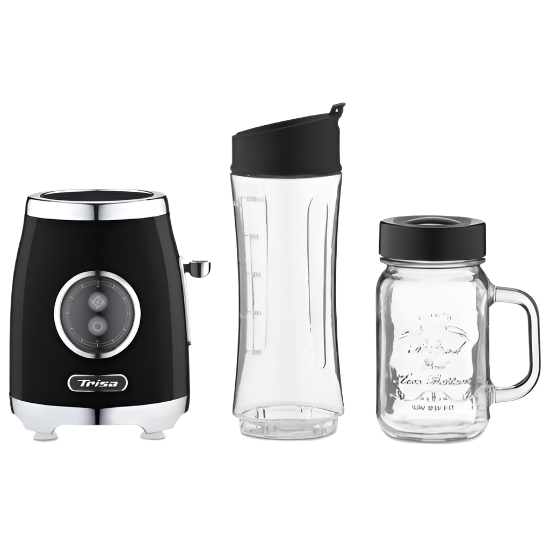 Black and silver blender with a clear container and glass jar on a white background