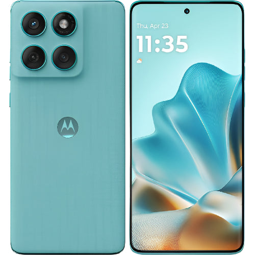 Teal smartphone showing back and front views with a visible brand logo.