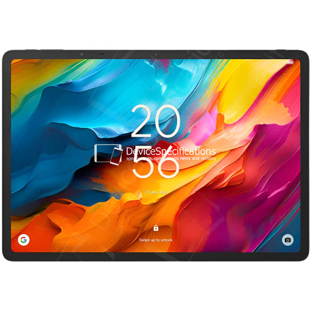Tablet with colorful display and 'Device Specifications' overlay on a white background