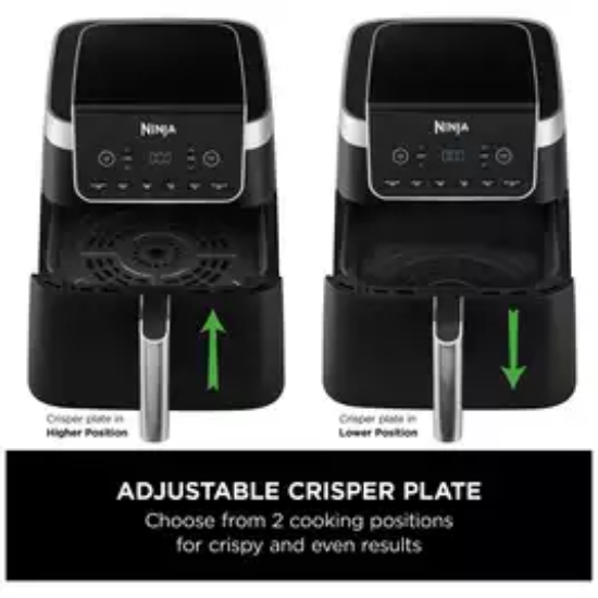 Ninja air fryer with adjustable crisper plate on a white background