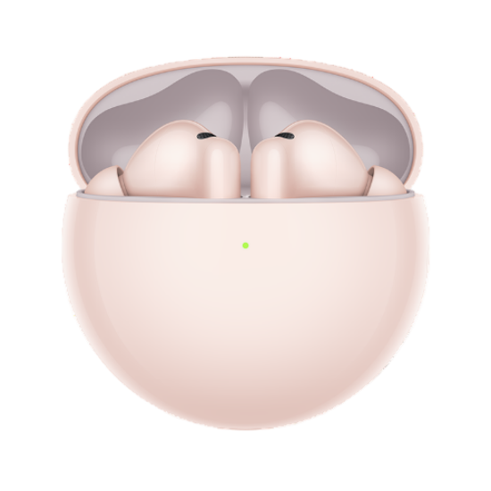 Pink wireless earbuds in a matching case on a white background