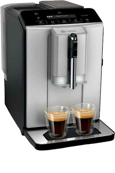 Espresso machine with two glasses of coffee on a white background