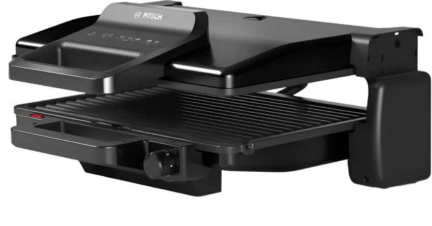 Black grill with open lid on a white background
