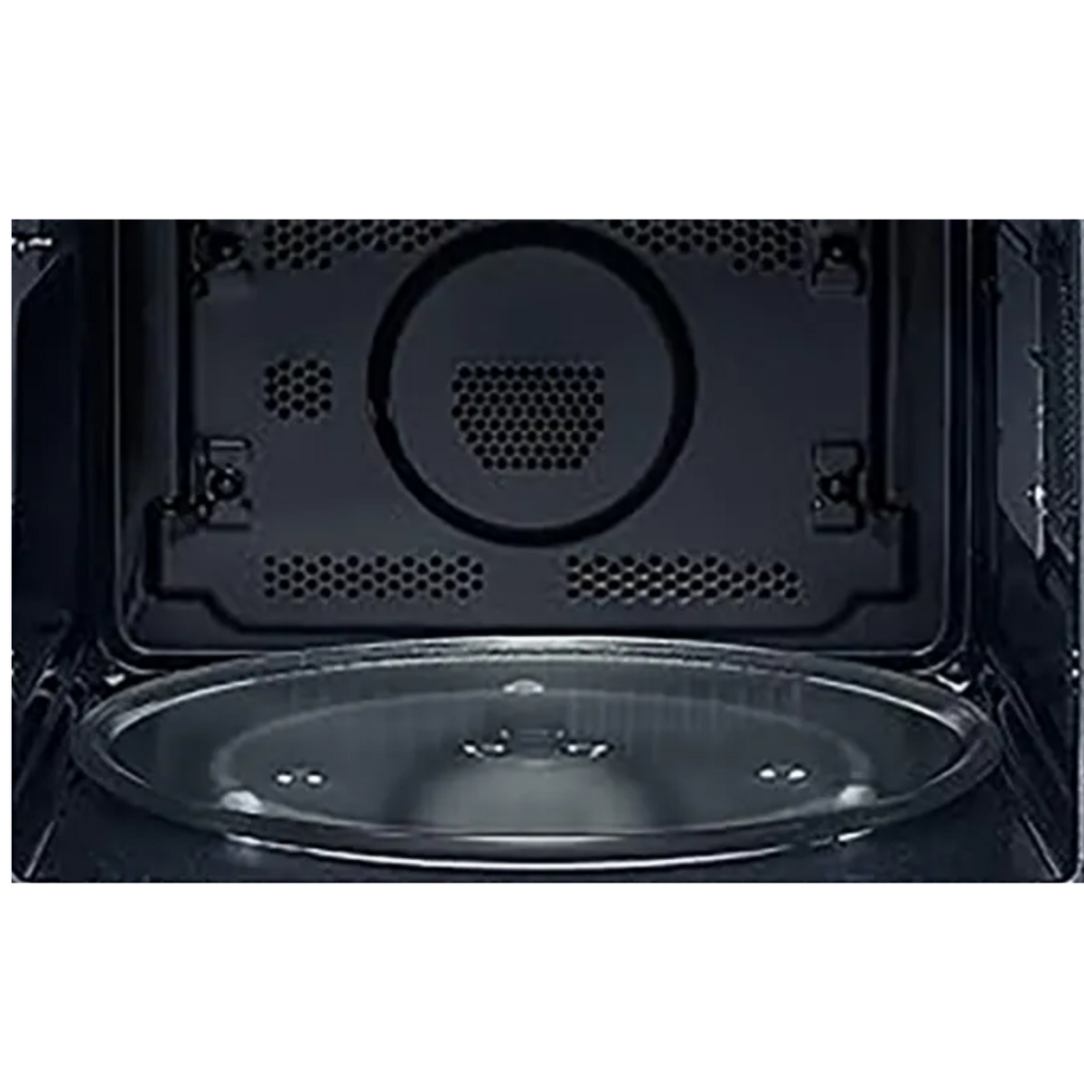 Interior of a black microwave with a turntable and heating elements.