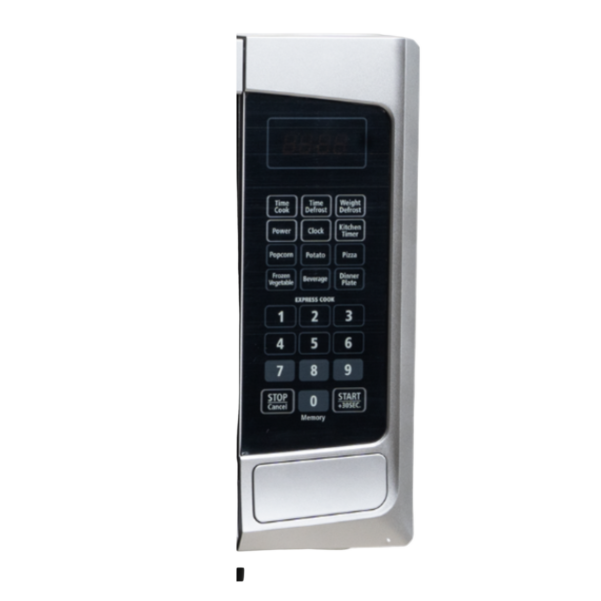 Electronic control panel with keypad and display on a white background
