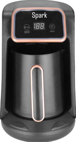 Black coffee maker with digital display and 'Spark' branding on a white background