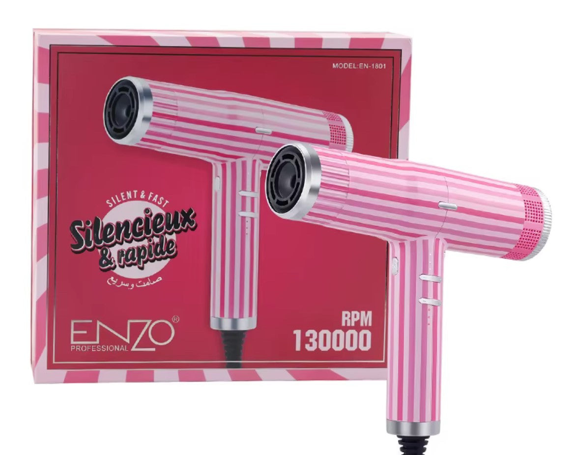 Pink and silver hair dryer with packaging on a white background