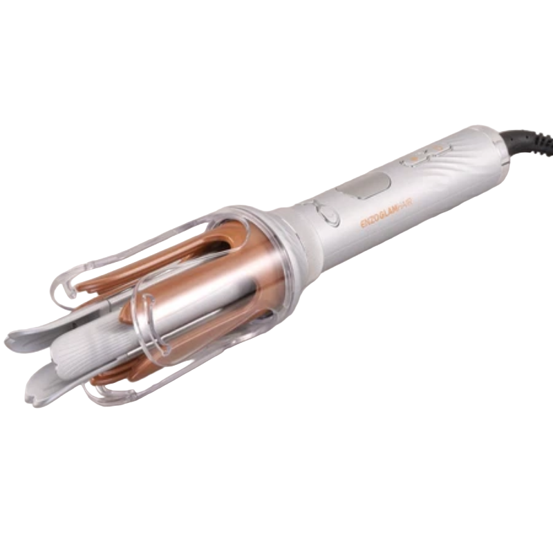 Hair styling tool with rose gold and silver design on a beige background