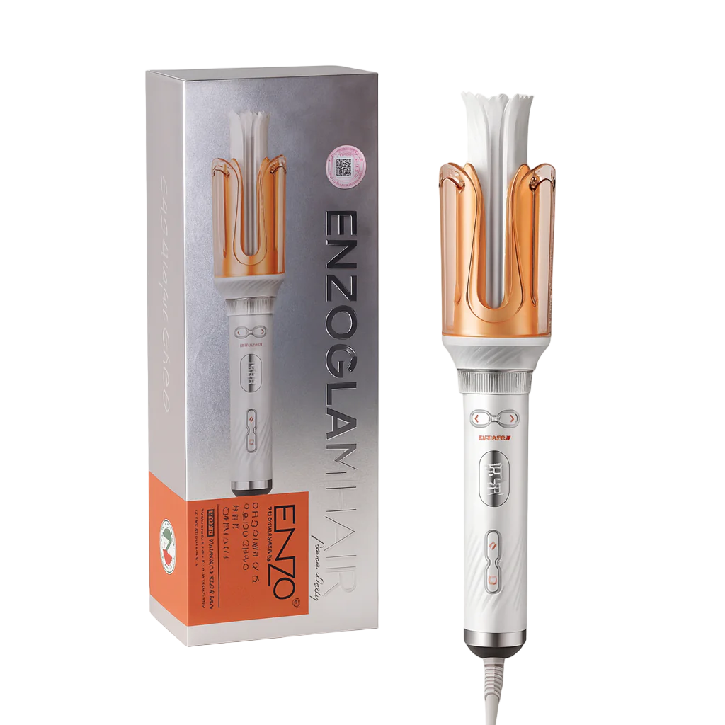 Hair styling tool with packaging labeled 'ENZO GLAM HAIR' on a white background
