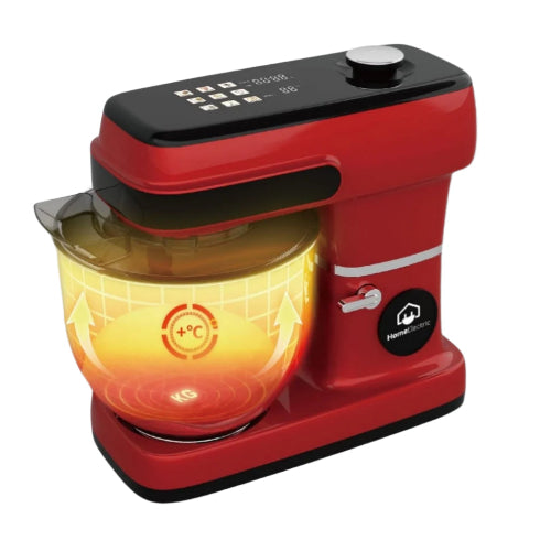 A red stand mixer with a black top and a digital display, featuring a clear bowl attachment.