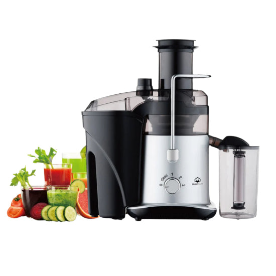 A black and silver electric juicer with fruits and vegetables around it, indicating its use for making juices.