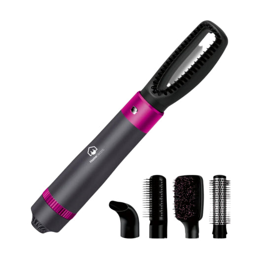 A hair dryer set in black and pink by Home Electric, including the hair dryer and two additional accessories, a brush and a diffuser.