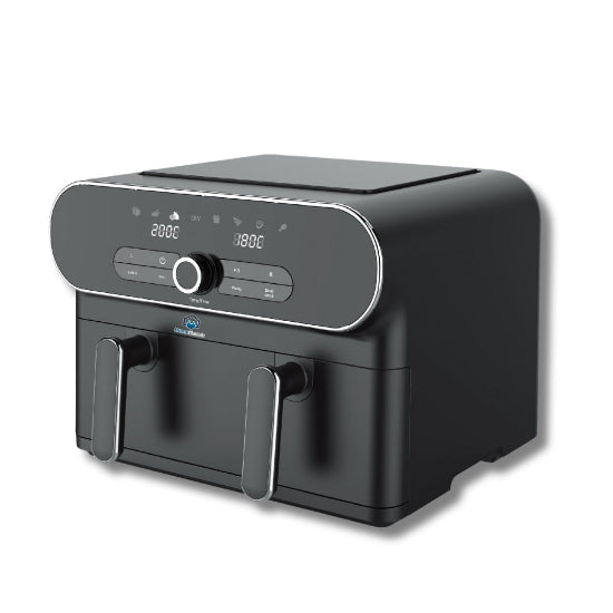 A black Home Electric dual basket electric fryer with a digital control panel.