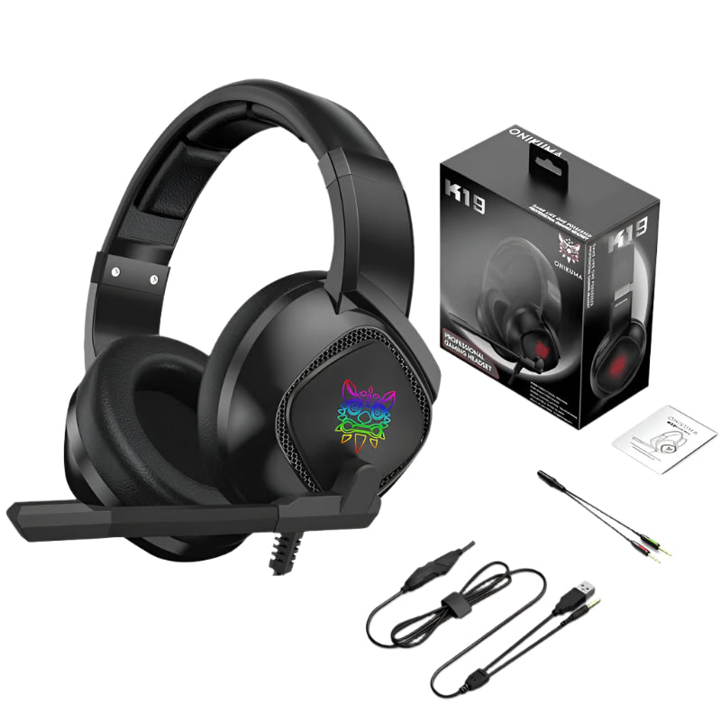 Onikuma K19 Wired Gaming Headset with Mic, RGB LED, Noise Cancelling — Black