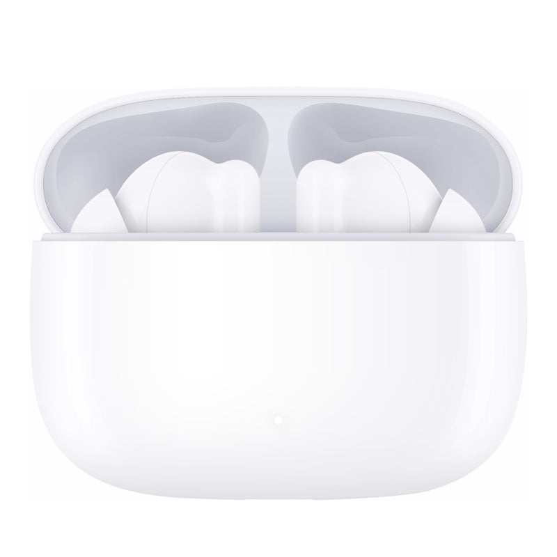 White wireless earbuds in a transparent charging case on a white background