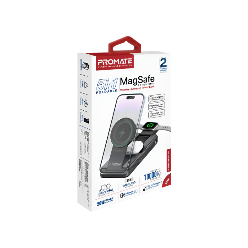 Promate Power Bank 10000Mah, 5 In 1, Foldable MagSafe, Black
