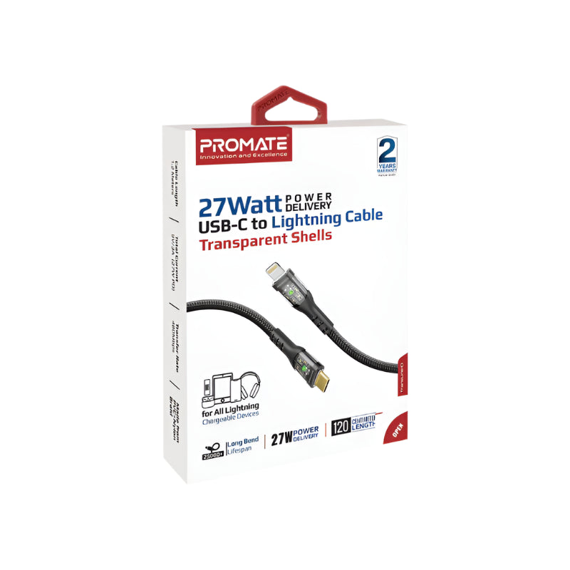 Promate Fast Charger Cable Transparent Shells, Type-C to Lightning, 1.2MM, 27Watts, Black