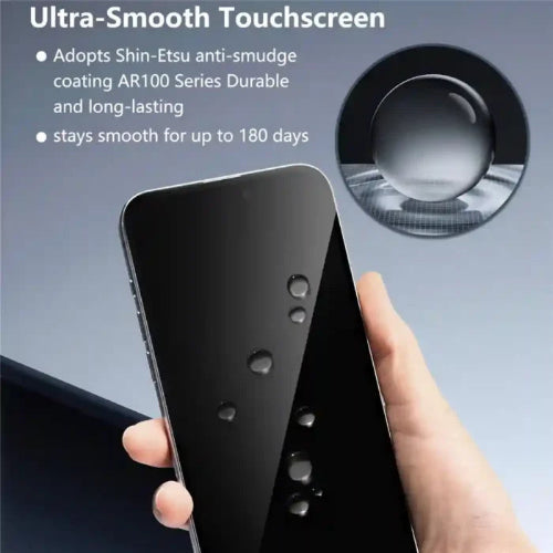 Smartphone with screen protector being held, showcasing ultra-smooth touchscreen feature.