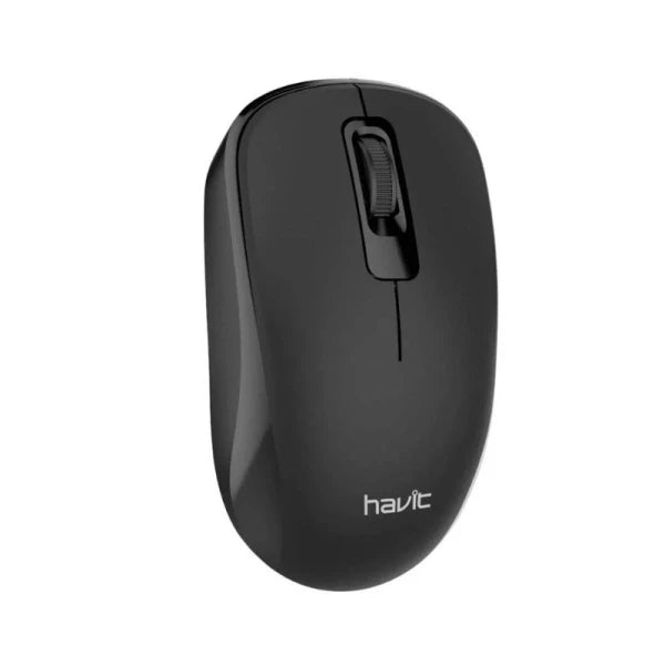 A black HAVIT wireless mouse with a right-click button, a scroll wheel, and customizable buttons.