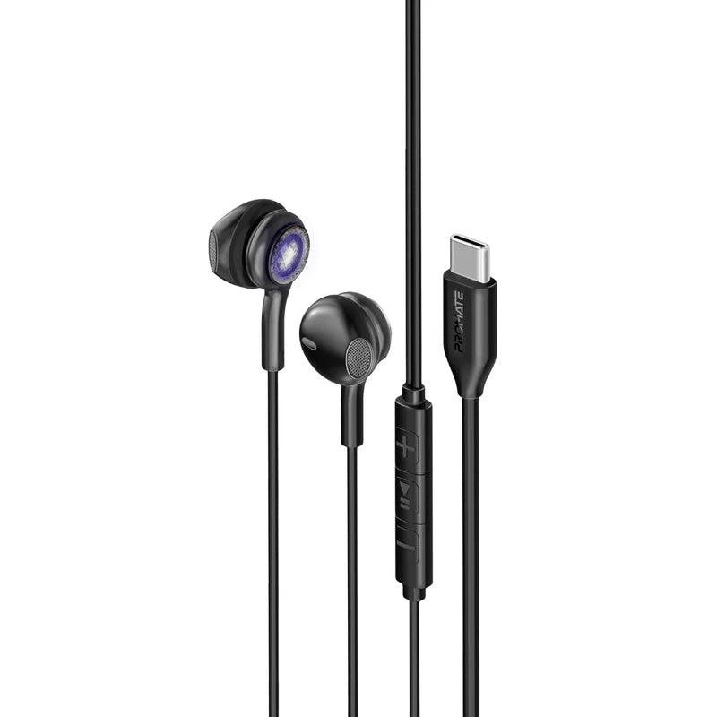 Promate Lumibuds-C Transparent Stereo Wired, Type-C, Earphones with Rgb, Black