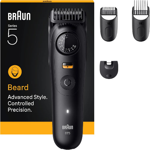 Braun beard trimmer with packaging and attachments on a white background