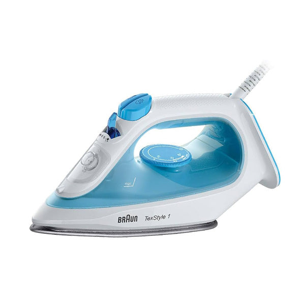 A Braun steam iron with a blue body and white details, featuring a transparent water tank and the Braun logo.