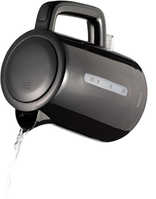 Black electric kettle with water flowing out on a white background