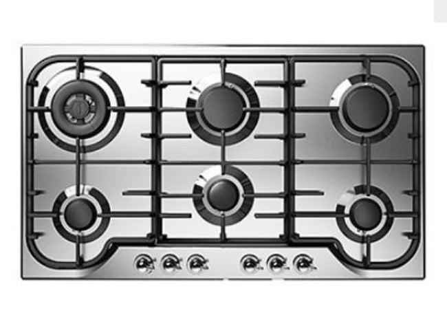 Stainless steel gas cooktop with five burners on a white background