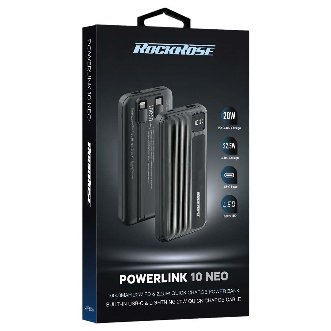 Rockrose Power Bank 20 Neo, 20Watts PD & 22.5Watts, Quick Charge, 10000Mah, Black