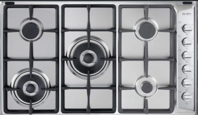 Stainless steel gas hob with four burners and control knobs on a white background