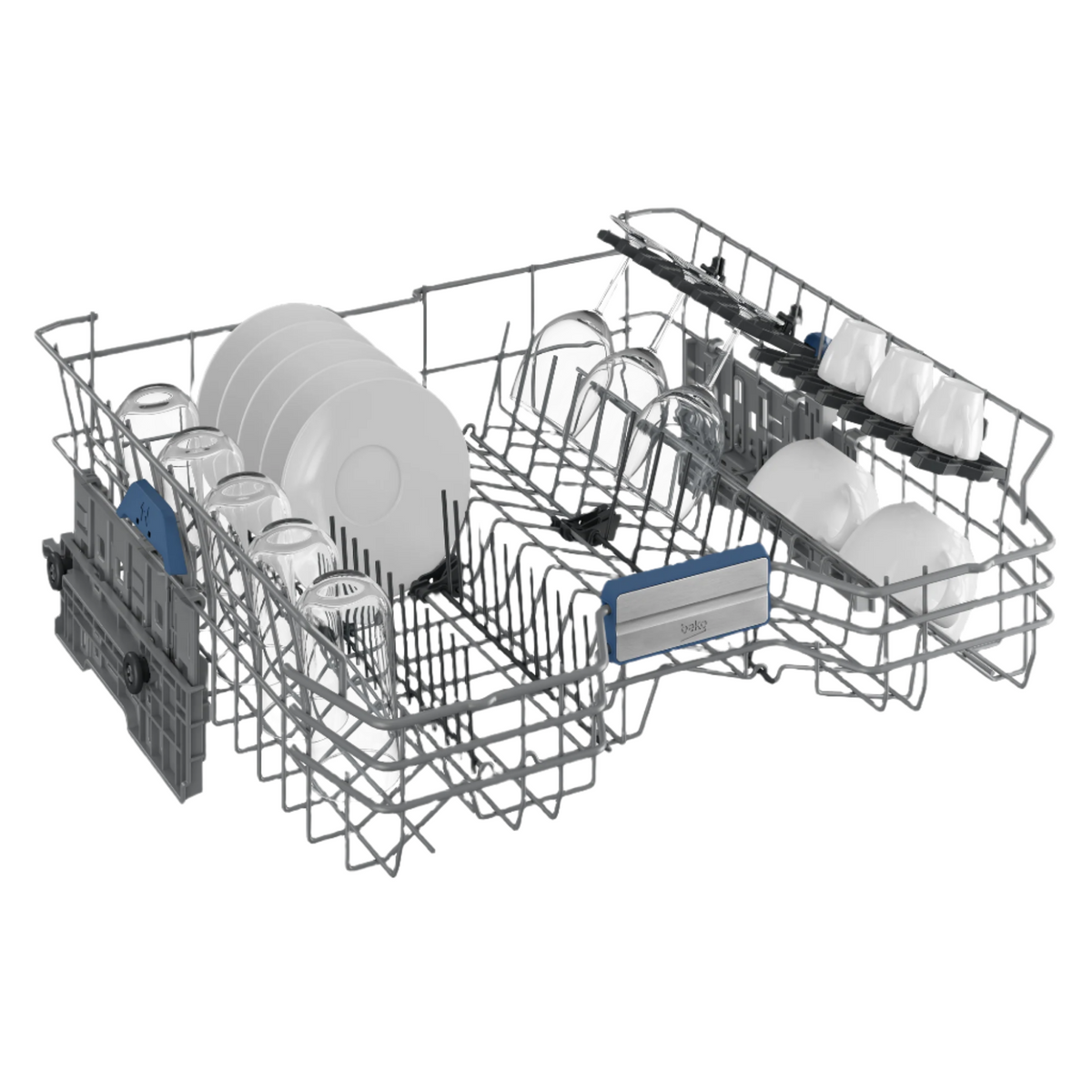 Dishwasher rack with dishes on a white background
