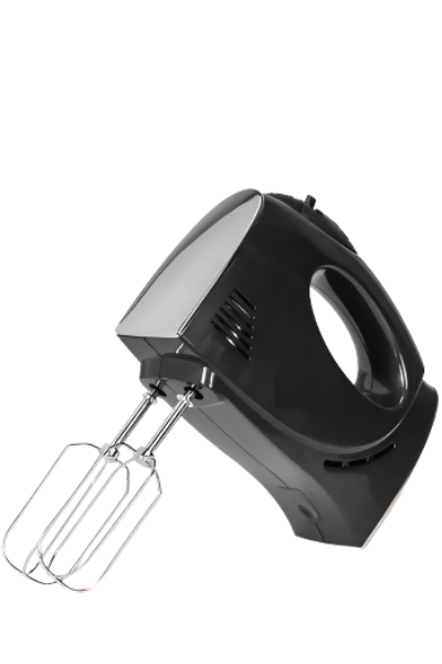 Black hand mixer with attachments on a white background