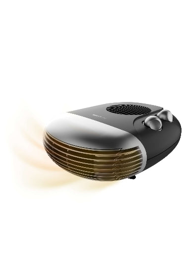 Black and silver fan heater on a white background