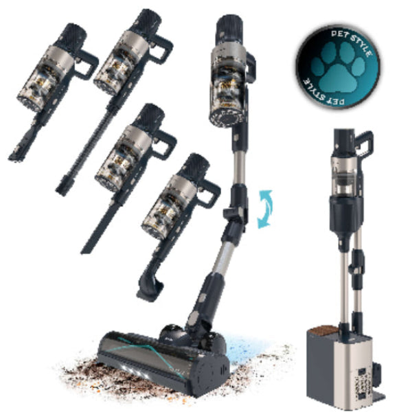 Multifunctional vacuum cleaner with various attachments on a white background, featuring 'Pet Style' branding.