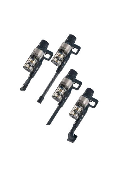 Set of four black and silver drill bits on a white background