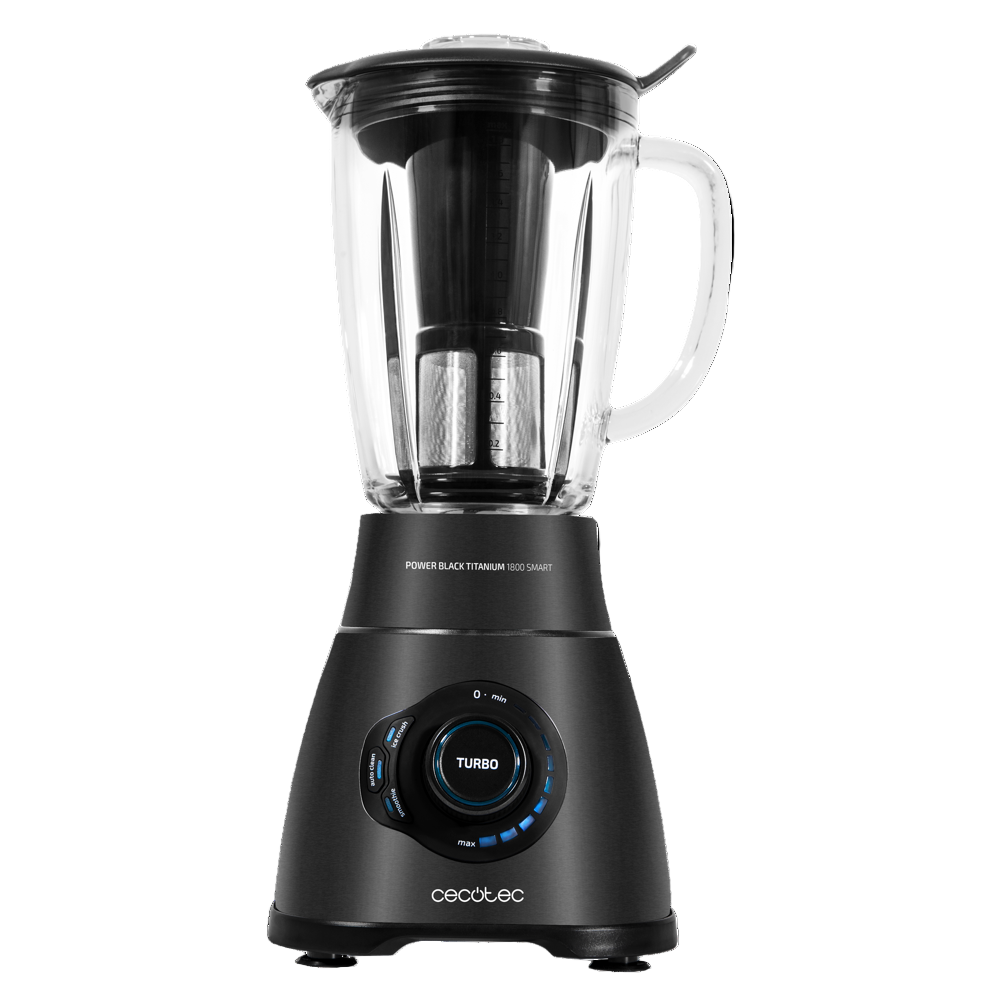 Black blender with clear container on a white background