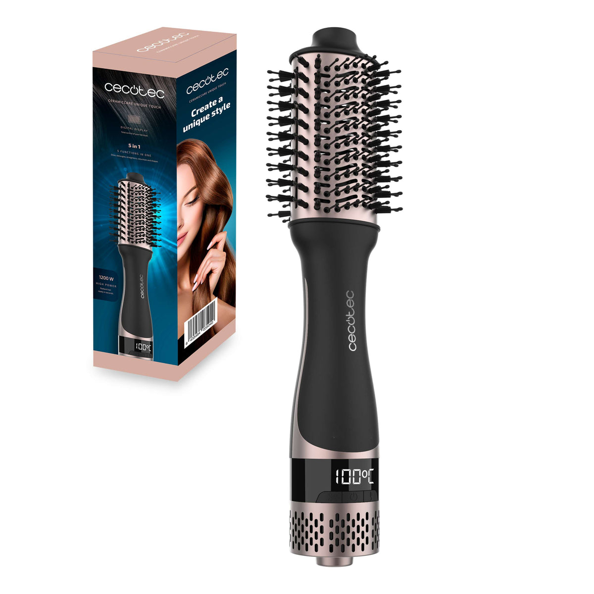 Cecotec Ceramic Care Unique Touch, Hot Air brush with Display, 1200Watts, Black