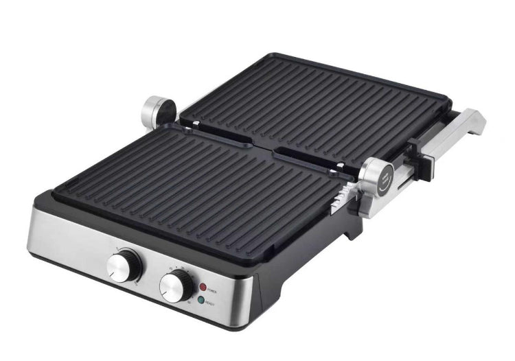 Double-sided grill with two heating plates on a white background